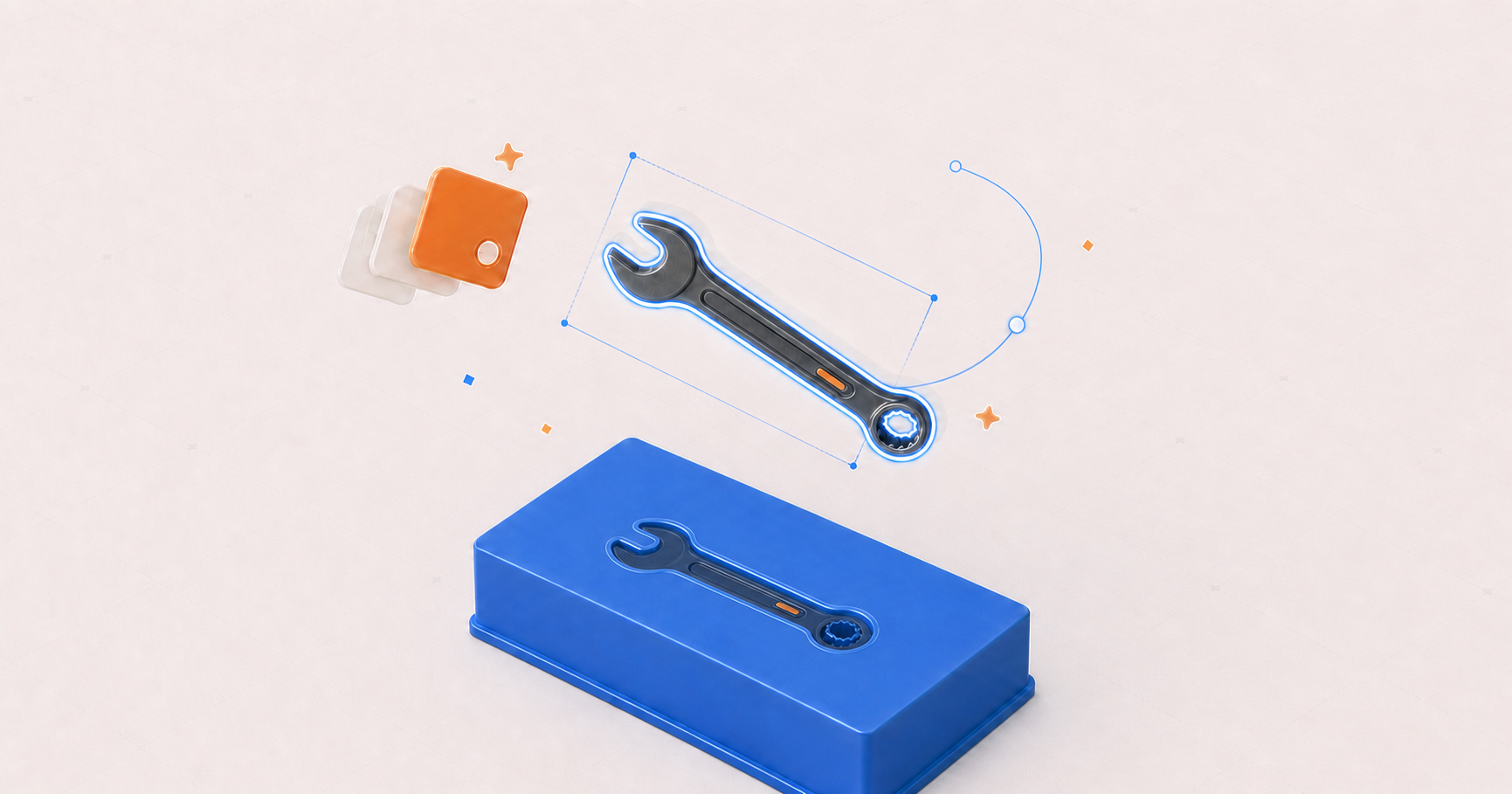 Minimal illustration of a precisely outlined tool above a matching custom Gridfinity bin cutout with dimension and rotation controls