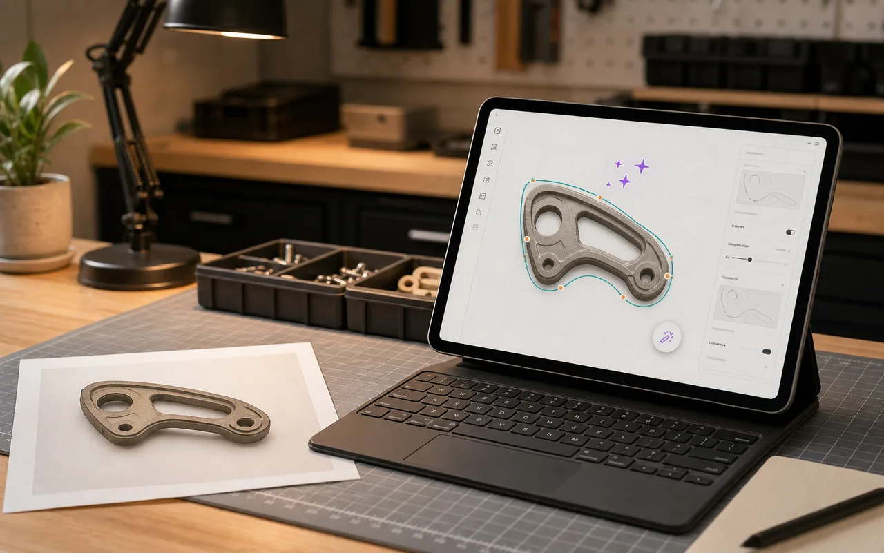 Tablet on a workbench showing the traced outline of a metal part being cleaned up with editable points in the Tracemate editor
